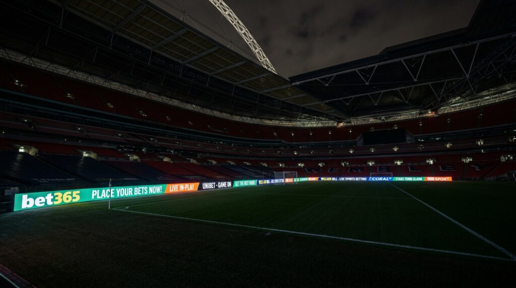 Painéis publicitários de apostas esportivas iluminados em um estádio de futebol à noite
