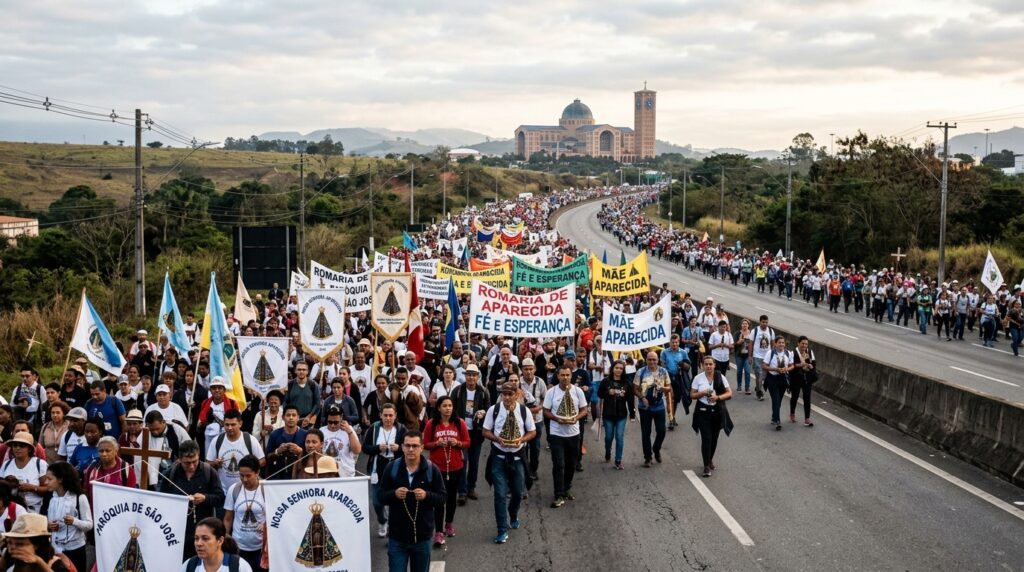 Peregrinos caminhando pela rodovia em romaria rumo ao Santuário de Aparecida