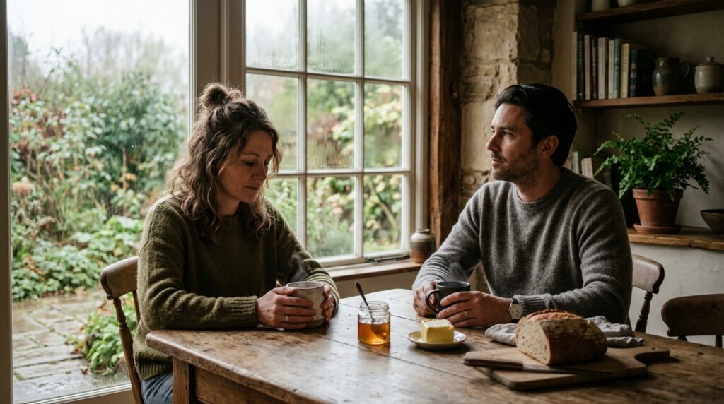 Casal tomando café em silêncio enquanto olham para a janela em uma manhã nublada.
