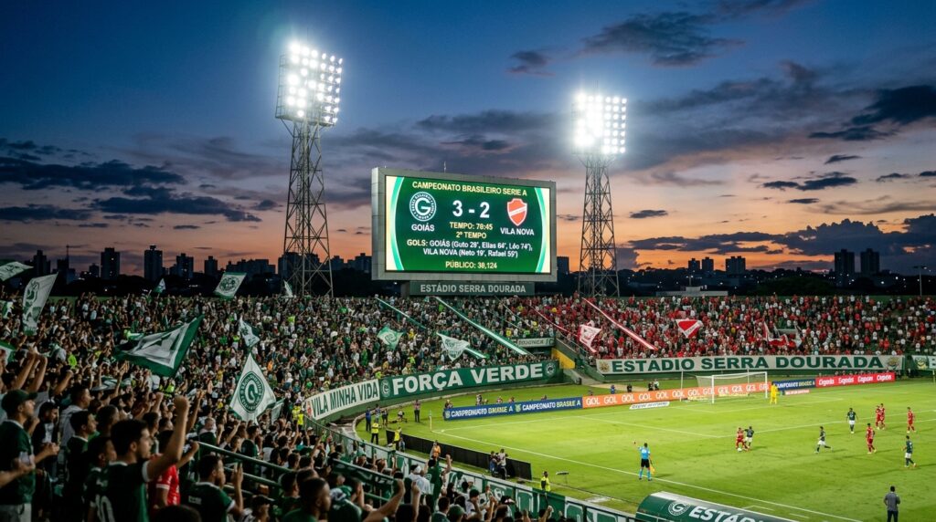 Placar de estádio de futebol em Goiânia destacando a disputa da Série B.