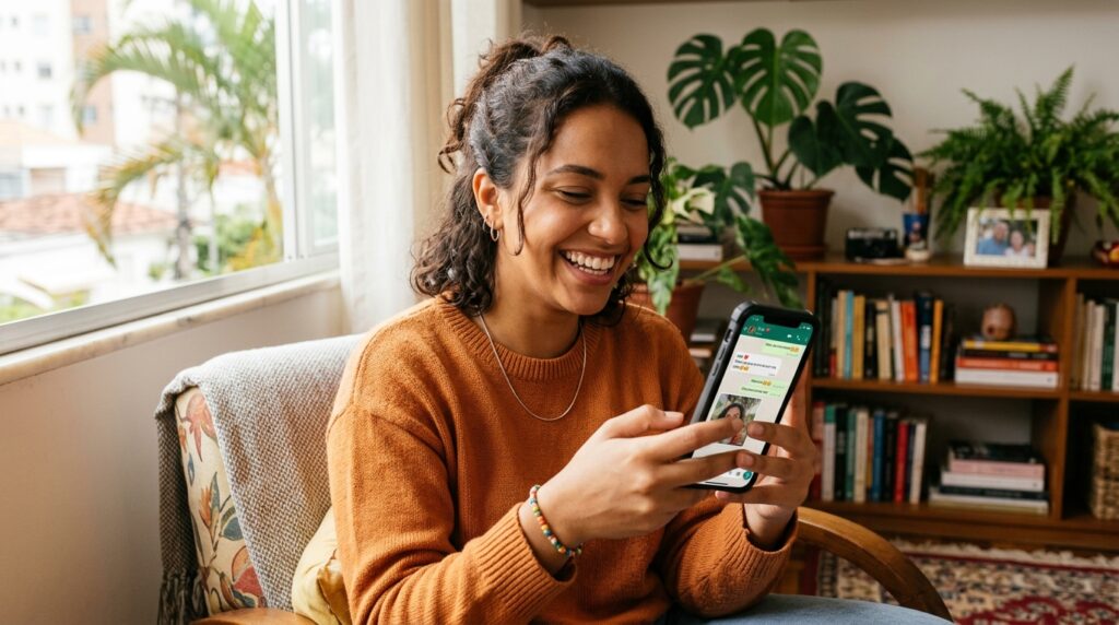 Eleitor sorridente utilizando o celular em casa após concluir a validação do aplicativo e-Título com antecedência.