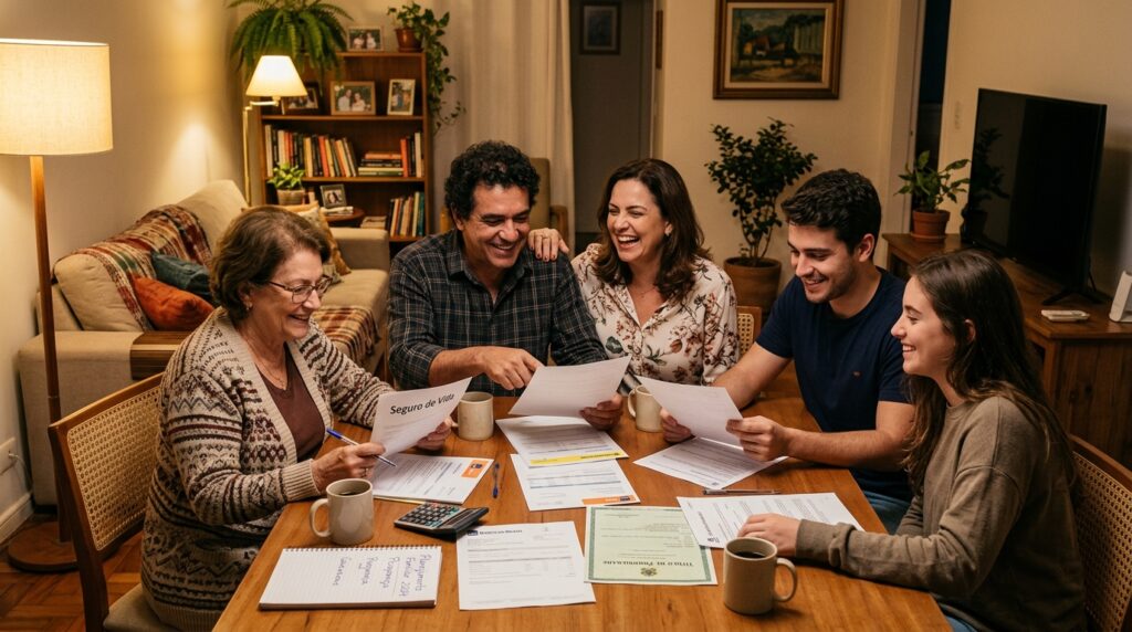 Família brasileira reunida planejando o futuro financeiro com estabilidade econômica.