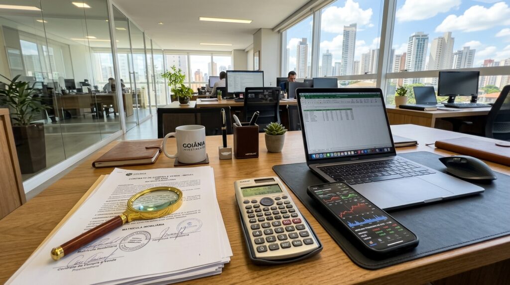 Documentos contratuais e calculadora sobre mesa de escritório simbolizando segurança no mercado imobiliário.