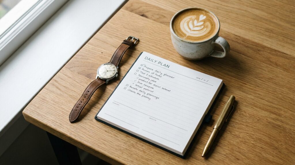 Mesa de trabalho com caderno de planejamento diário, caneta e relógio simbolizando rotina estruturada.