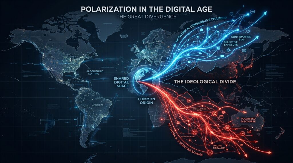 Representação conceitual da polarização digital e da divisão de redes na sociedade contemporânea.