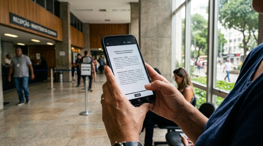 Pessoa segurando smartphone com o aplicativo e-Título aberto na tela na véspera do primeiro turno das eleições gerais.