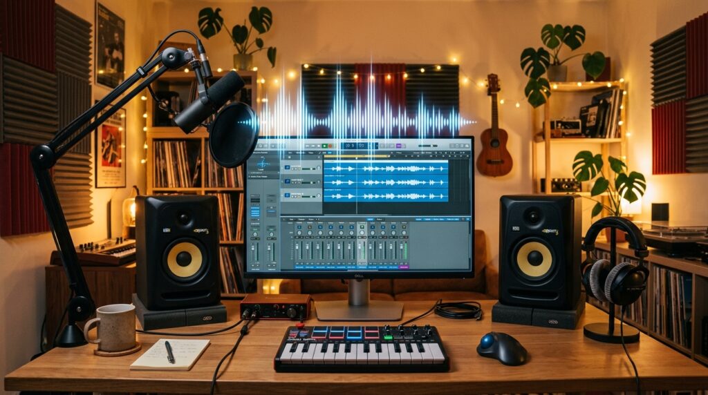 Tela de programa de edição de áudio exibindo ondas sonoras e arranjos de voz em estúdio