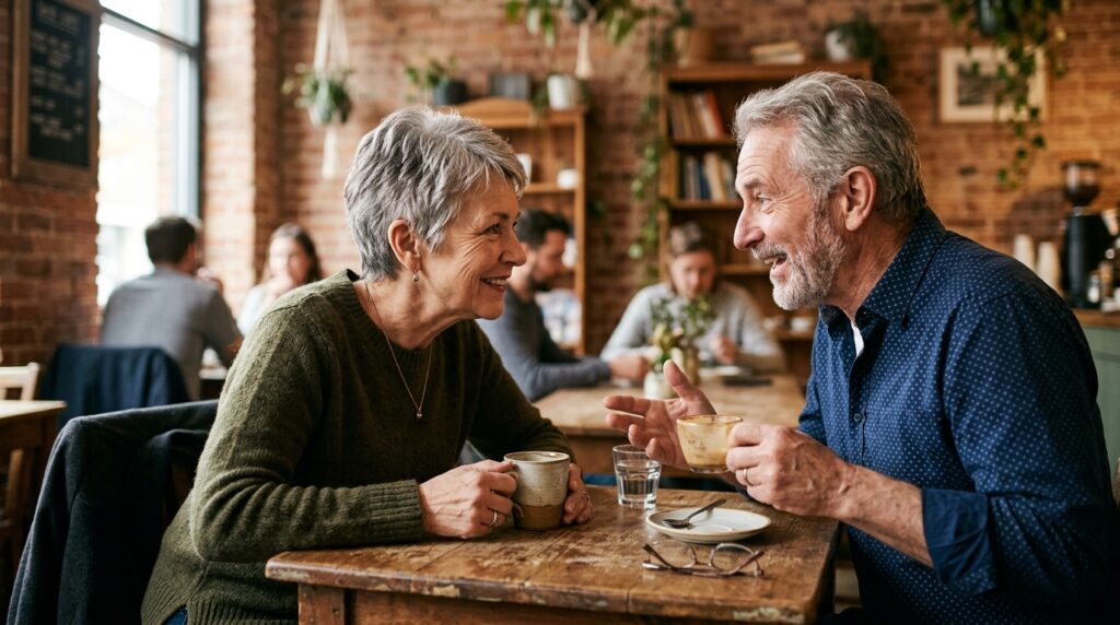 Casal sentado em uma mesa de café conversando com atenção mútua e troca de olhares sincera.