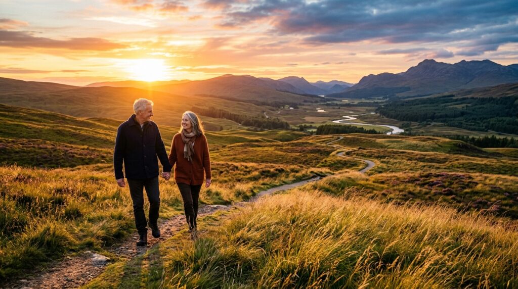Casal caminhando lado a lado em um campo aberto ao entardecer, demonstrando serenidade e cumplicidade.