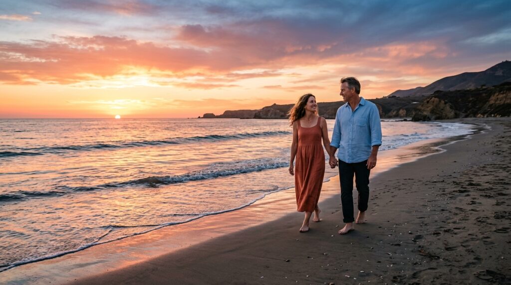 Casal caminhando de mãos dadas à beira-mar durante o pôr do sol com postura de serenidade e união.