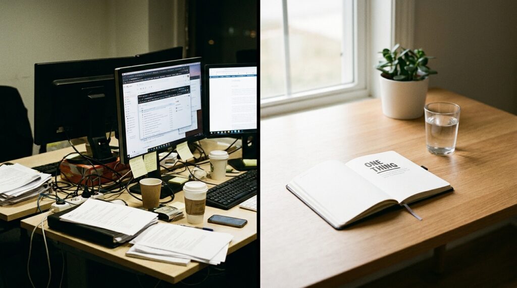 Comparação visual entre um ambiente caótico e uma mesa de trabalho minimalista com foco claro.