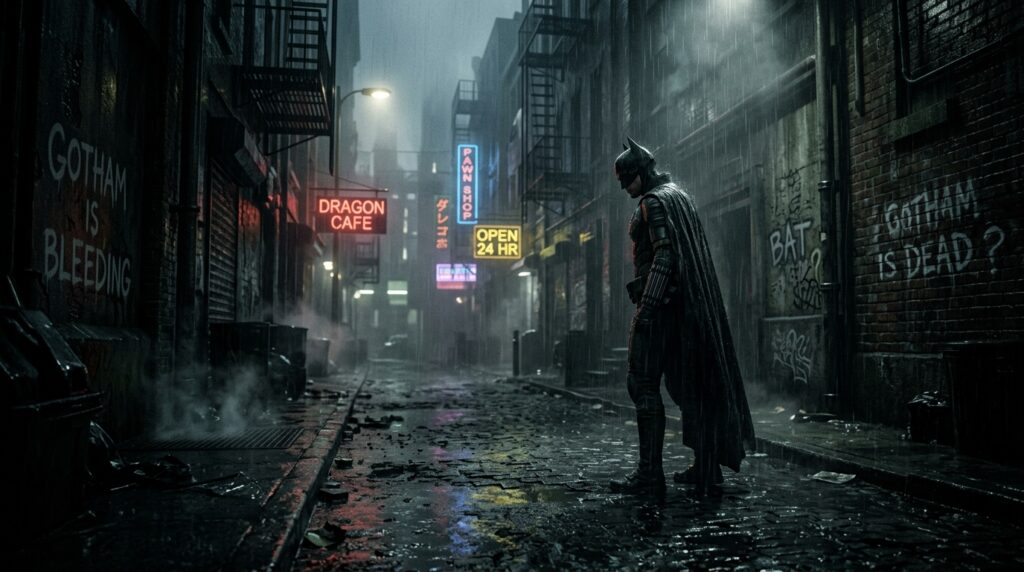 Figura sombria do Batman de Robert Pattinson sob a chuva em uma rua escura e realista de Gotham City no estilo noir.