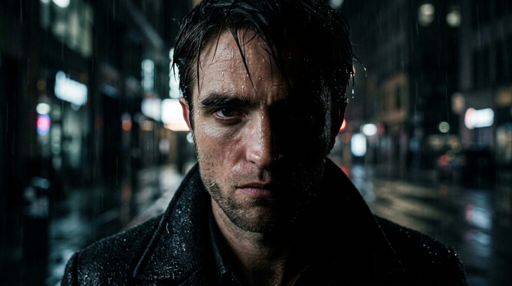 Retrato expressivo de Robert Pattinson como Bruce Wayne com iluminação dramática e metade do rosto em sombras.