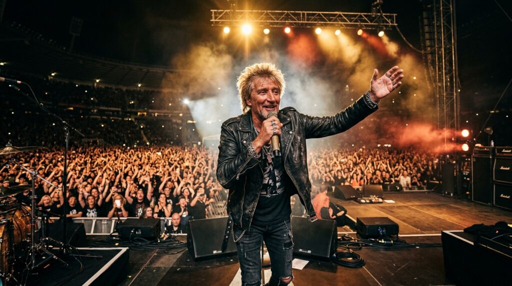 O cantor Rod Stewart no palco durante um show de rock and roll iluminado por holofotes em uma grande arena.