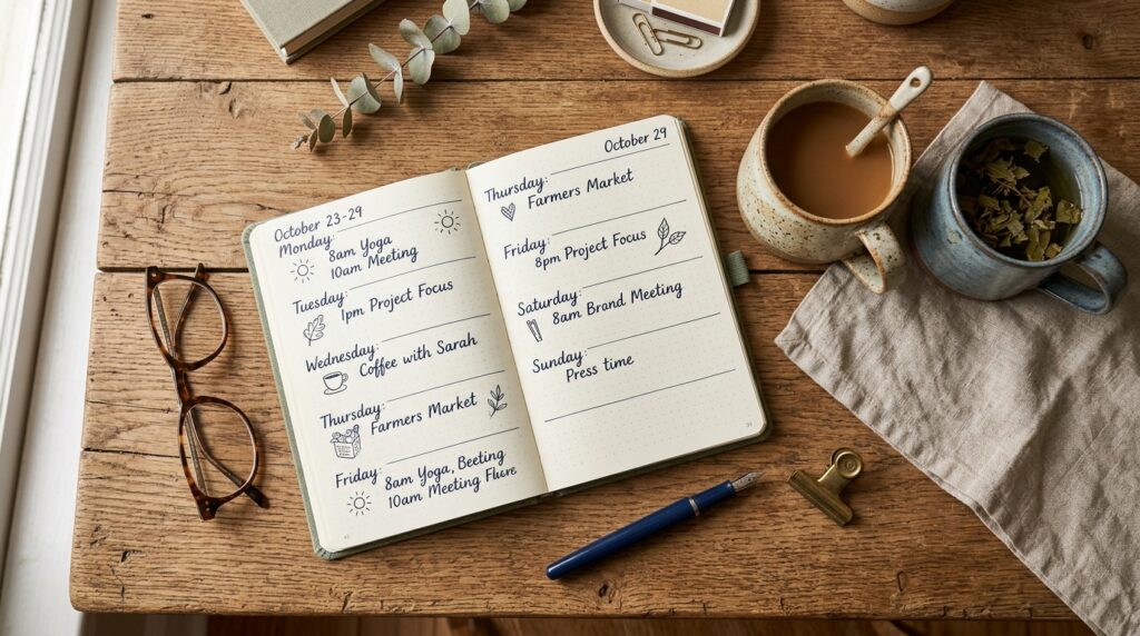 Caderno de planejamento aberto em uma mesa de café com anotações de planos compartilhados e duas xícaras.