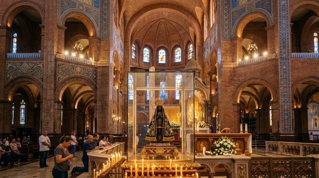 Imagem de Nossa Senhora Aparecida em seu nicho iluminado no Santuário Nacional