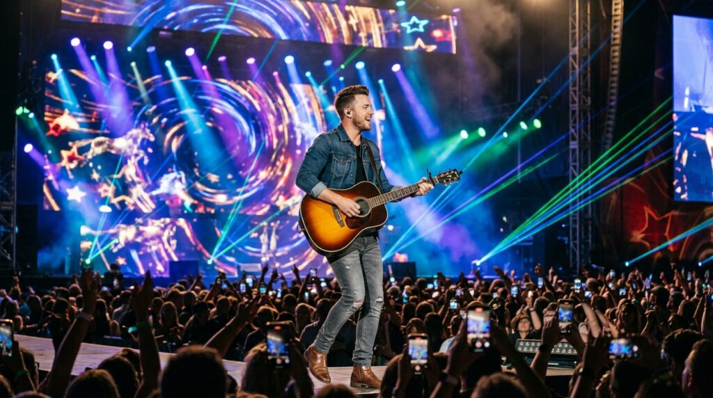 Cantor solo de sertanejo universitário se apresentando em show arena lotado com luzes de LED