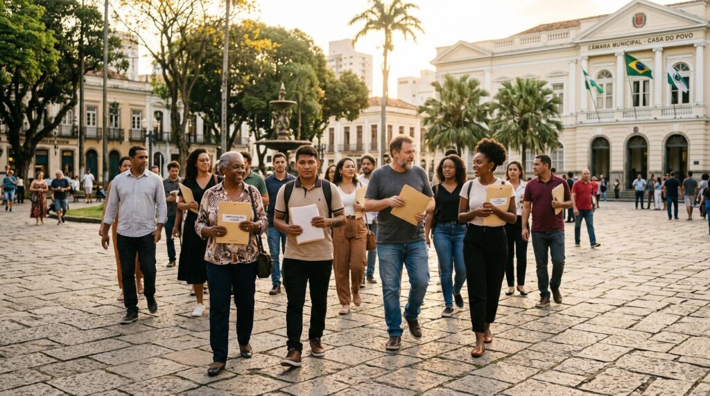 Cidade brasileira e cidadãos representando a mobilização da sociedade civil em favor da soberania.