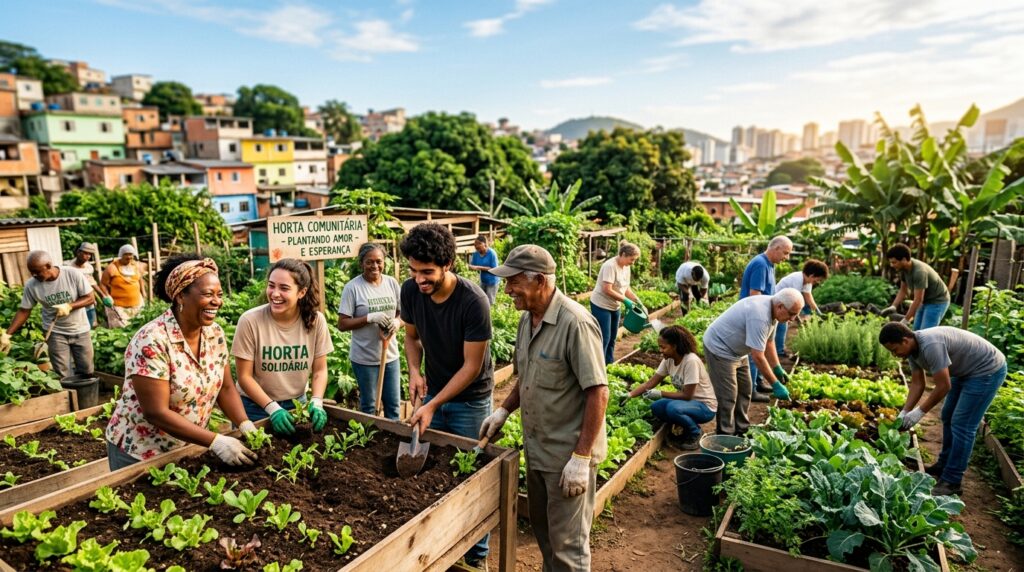 Voluntários e membros da comunidade trabalhando juntos em um projeto social comunitário no Brasil.