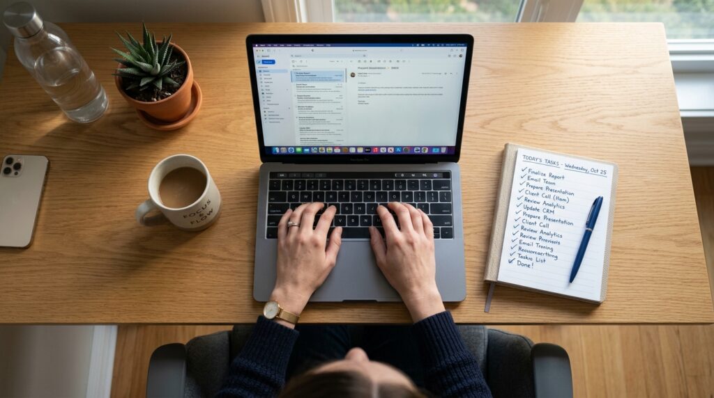 Visão superior de uma pessoa trabalhando no laptop com uma lista de tarefas totalmente concluída ao lado.