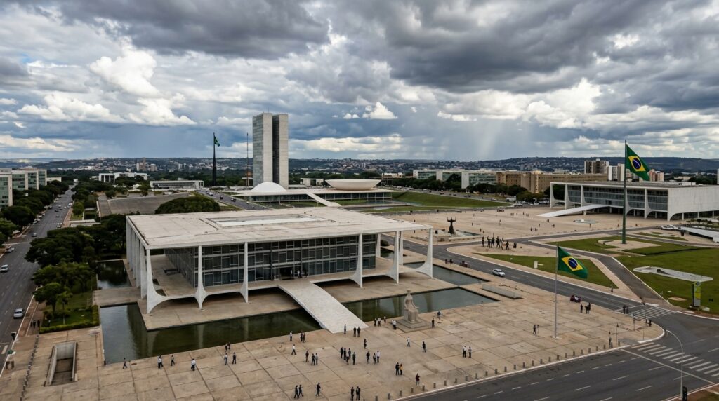 (Alt Text): Fachada do prédio do Supremo Tribunal Federal em Brasília com o Palácio do Planalto ao fundo.