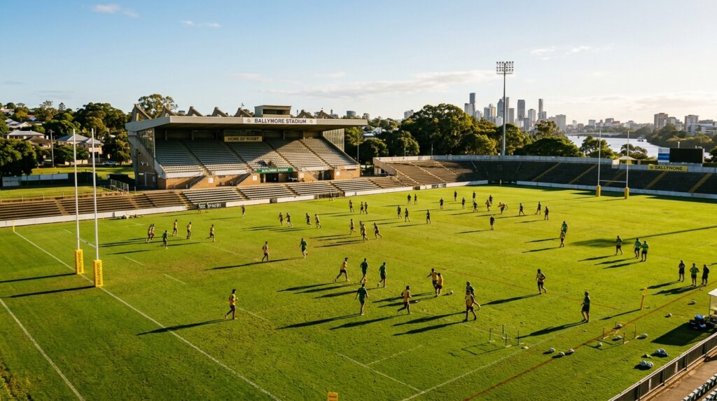 Jogadores da seleção brasileira realizando treinamento no gramado do estádio em Brisbane