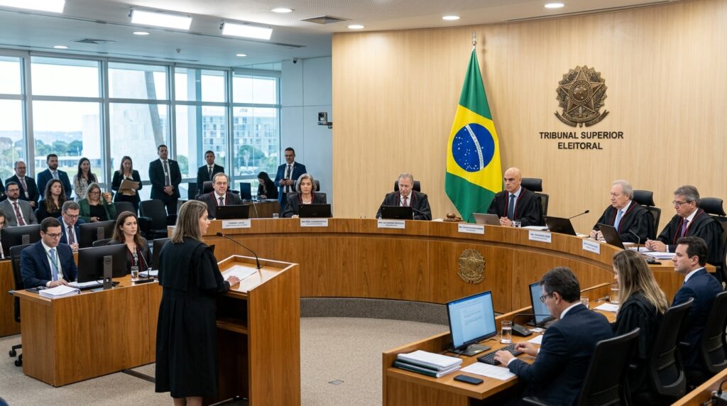 Sede da Justiça Eleitoral no Brasil com a bandeira nacional ao fundo