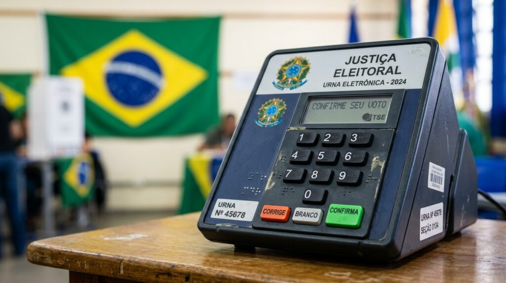 Urna eletrónica de votação com a bandeira do Brasil ao fundo.