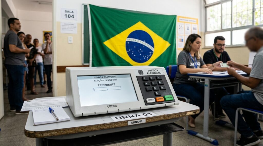 Urna eletrônica brasileira em uma seção eleitoral preparada para o dia da votação do primeiro turno.