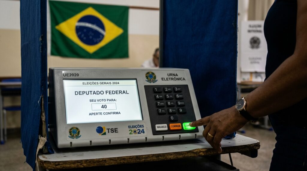 Urna eletrônica brasileira em cabine de votação simbolizando a soberania do voto popular nas eleições de 2026.