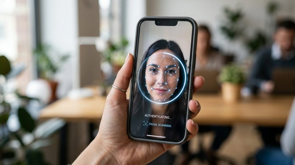 Smartphone realizando processo de validação facial no aplicativo e-Título para liberação de documento digital.