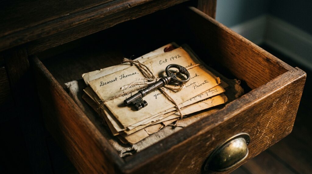 Gaveta aberta com objetos misteriosos e cartas que simbolizam os segredos em A Couple of Lies