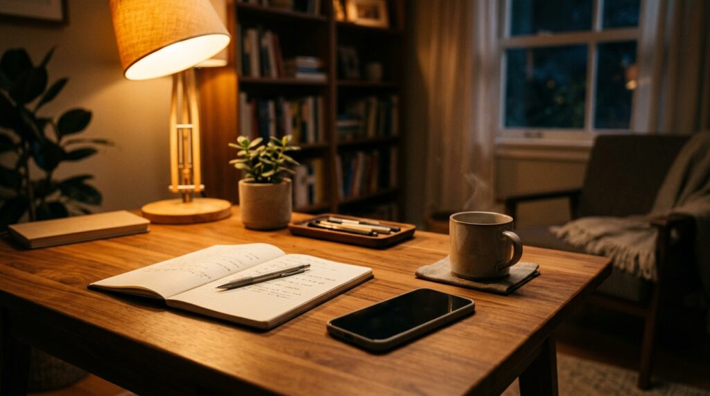 Mesa de trabalho organizada com caderno e celular virado para baixo para evitar distrações.