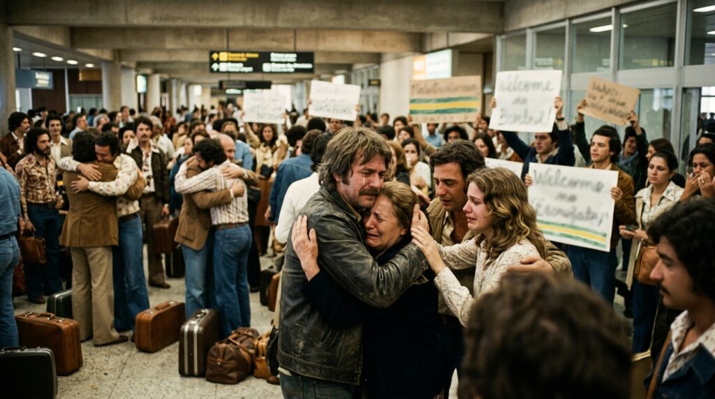 Exilados políticos reencontram familiares em aeroporto brasileiro após a Lei da Anistia de 1979