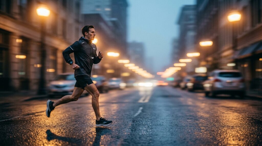 Atleta correndo ao amanhecer representando o movimento inicial que gera engajamento e supera a procrastinação