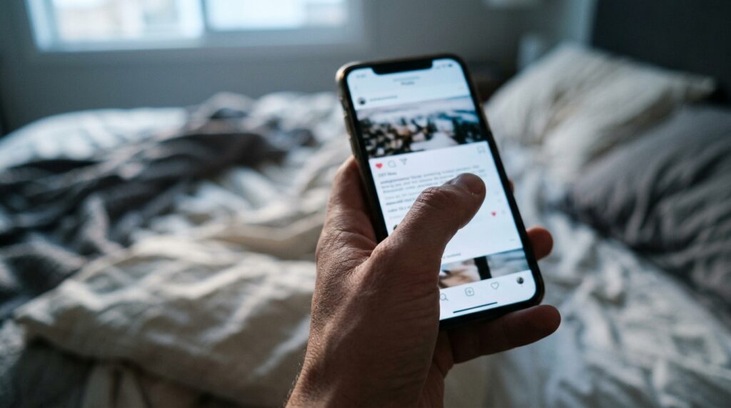 Pessoa rolando a tela do celular na cama logo ao acordar pela manhã.