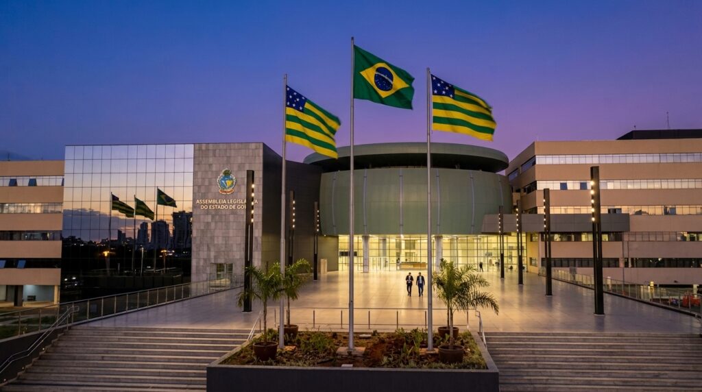 Fachada modernista da Assembleia Legislativa do Estado de Goiás em Goiânia iluminada ao anoitecer.