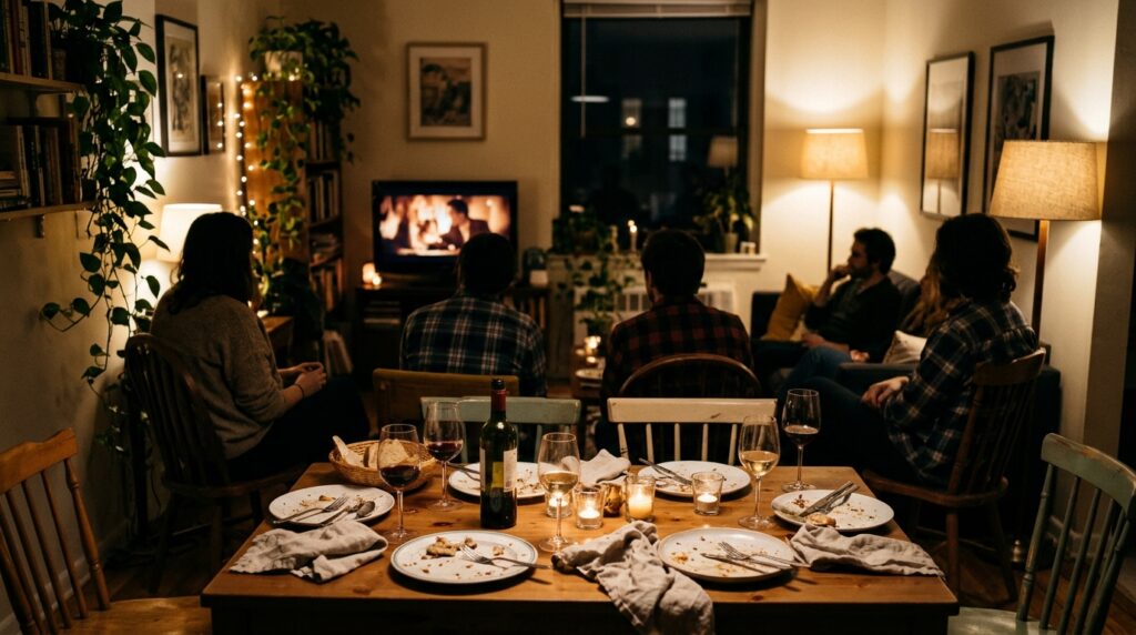 Mesa de jantar em sala de estar com televisão ao fundo, ambiente ideal para assistir ao filme Tony no Prime Video