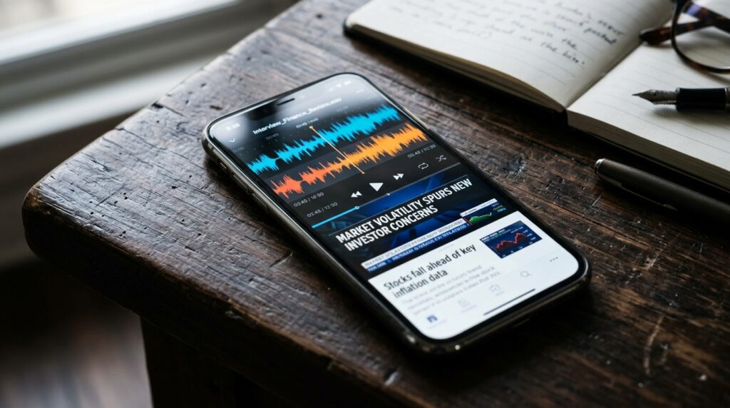 Smartphone exibindo ondas sonoras de áudios vazados sobre fundo de notícias financeiras