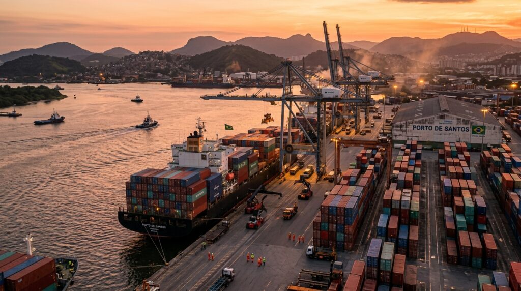 Porto brasileiro com navios de carga e guindastes ao pôr do sol representando o crescimento econômico e o comércio internacional do país.