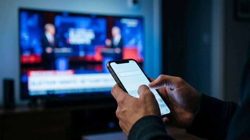 Eleitor segura celular com barra de busca do Google aberta enquanto acompanha notícias sobre Flávio Bolsonaro e a pandemia