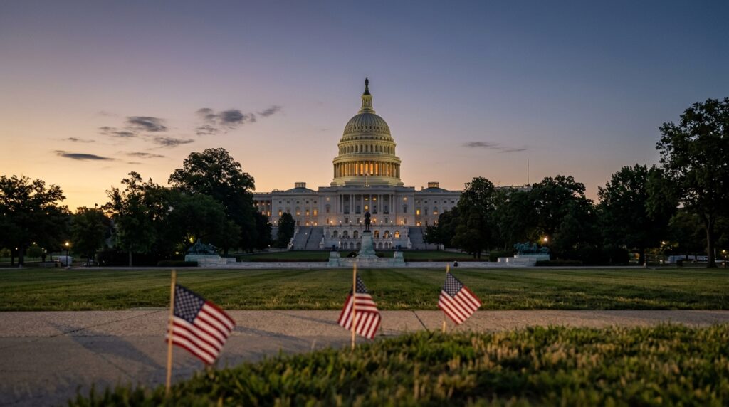 Prédio do Capitólio dos Estados Unidos ao entardecer, símbolo da disputa pelo controle do Congresso nas eleições de meio de mandato