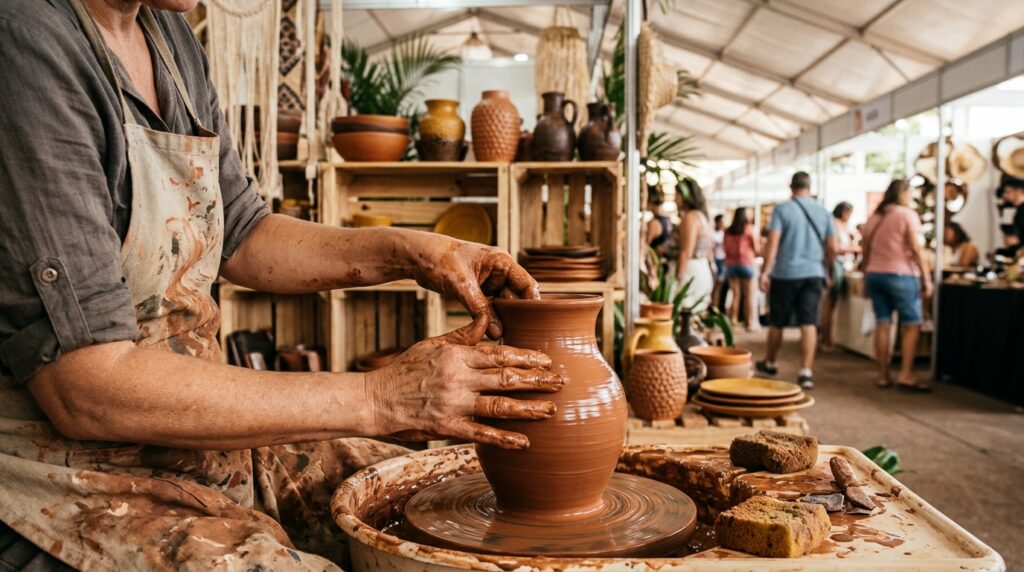 Ceramista modela peça de barro em estande de artesanato de cooperativa goiana durante a FICCA Goiás 2026