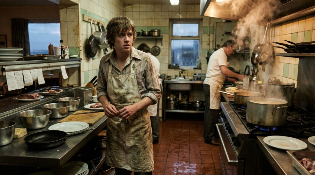 Cozinha de restaurante à beira-mar nos anos 1970, ambientação que remete ao filme Tony, cinebiografia de Anthony Bourdain no Prime Video