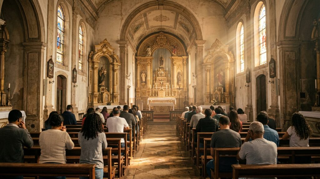 Fiéis sentados em bancos de uma igreja católica brasileira iluminada pela luz da tarde, em momento de reflexão sobre a mensagem da CNBB