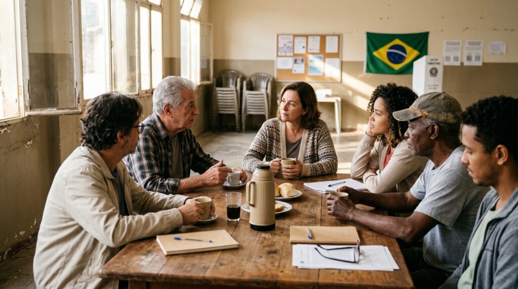 Grupo de brasileiros conversando com serenidade em um salão comunitário no dia seguinte às eleições, em referência à mensagem da CNBB por unidade e diálogo