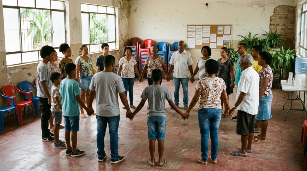 Pessoas de diferentes idades de mãos dadas em círculo em um centro comunitário, simbolizando a unidade e a convivência fraterna defendidas pela CNBB
