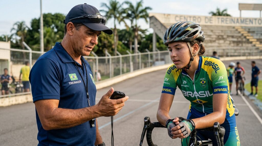 Treinador de ciclismo orientando um jovem atleta na pista de testes em Ribeirão Preto