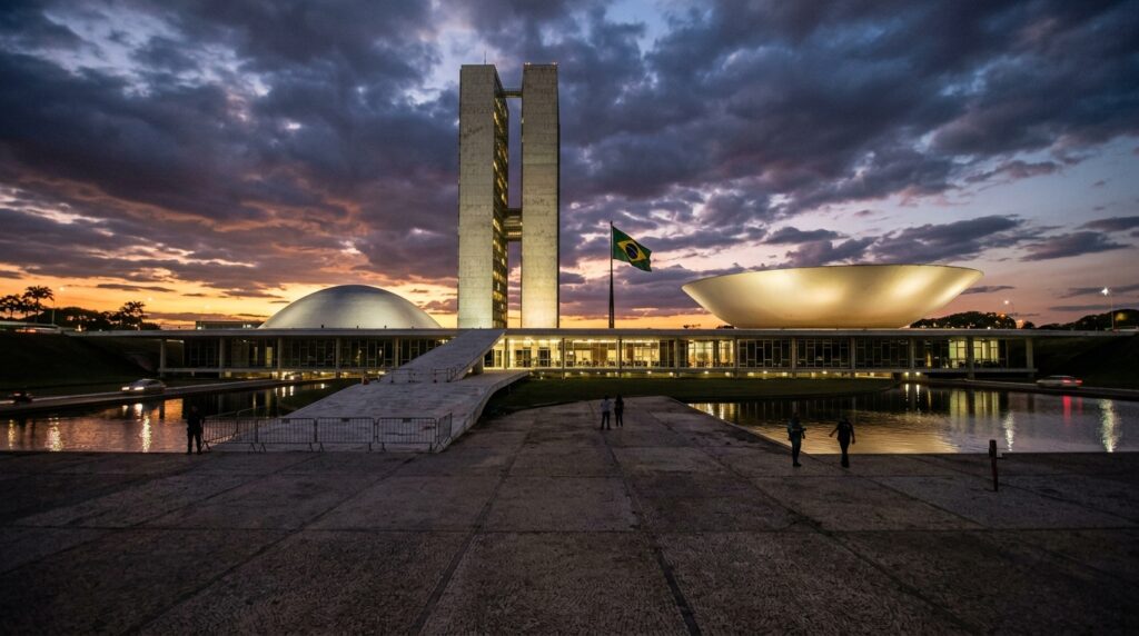 Fachada do Congresso Nacional em Brasília ao entardecer simbolizando o cenário político