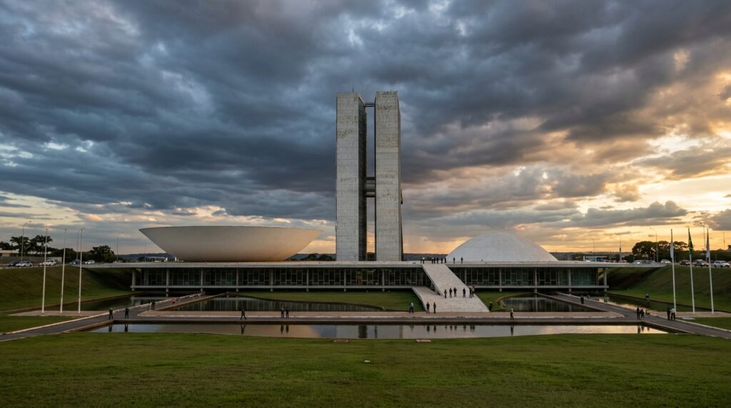 Vista do Congresso Nacional em Brasília com as cúpulas da Câmara dos Deputados e do Senado Federal sob a luz do dia.